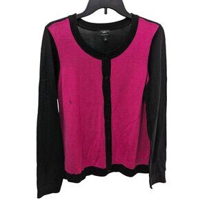 Talbots Pure Italian Merino Womens Cardigan Sweater Button Up Black Pink Size L